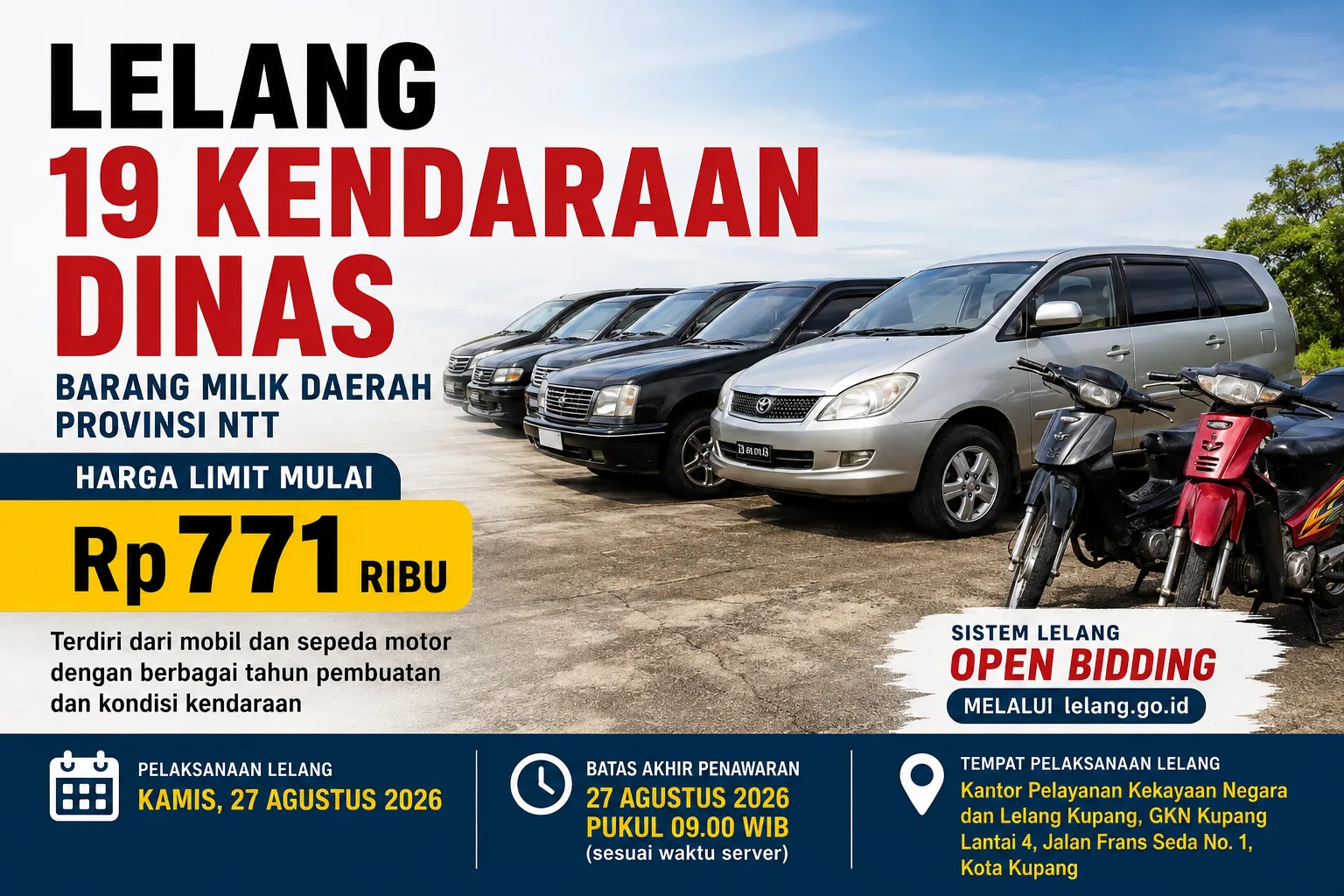 19 Kendaraan Masuk Lelang! Harganya Mulai Rp771 Ribu, Ada Toyota hingga Yamaha — Lihat Daftar Lengkapnya